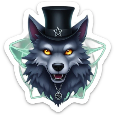 demonic wolf with a pentagram top hat and a pentagram chain with a haunting night background sticker