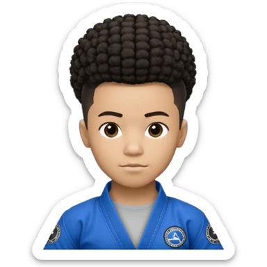 black jiu jitsu instructor with a afro ponytail and a low taper fade sides haircut, and a small fade on the sides with a blue belt and roger Gracie academy logo on the gi sticker