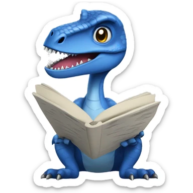 blue velociraptor reading a boo sticker
