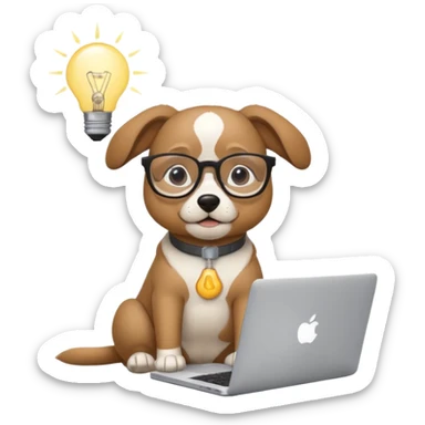 Like a cartoon (make it an intelligent dog with glasses) working with a computer (macbook, showing the apple logo) thinking and a light bulb above his head while he thinks sticker