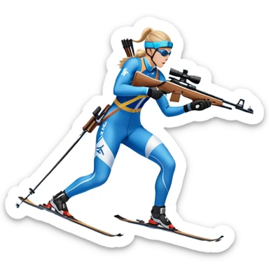 An icon featuring snow-covered trees, distant mountains, and a clear blue sky with a biathlete in motion, holding a rifle and skiing across a snowy course. Transparent background highlights the precision, endurance, and excitement of biathlon. sticker