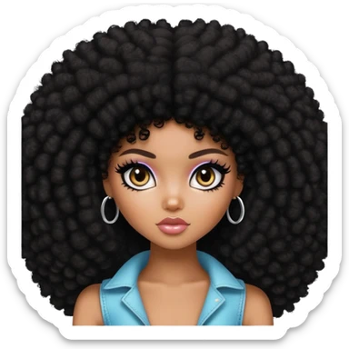 pretty bratz girl, dark black big afro, dark brown eyes, y2k fashion, black eyeliner, deep brown skin sticker