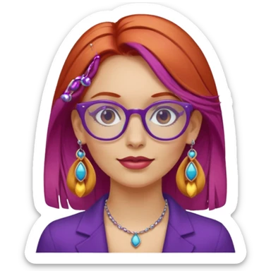 fai una signora con i capelli sia biondi che rossi con gli occhiali viola pieni di orecchini sticker