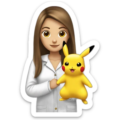 Brown straight long hair white woman wearing pikachu pyjama sticker