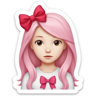 girl with long hair with side parted pale skin red pink bow in her hair and wearing a white basic top sticker