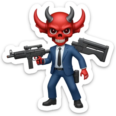 A Demon from hell that is dressed like a fbi agent with a machine gun, full body pointing the machine fun to the left. In the style of your bleeding skull artwork. Just one machine gun sticker