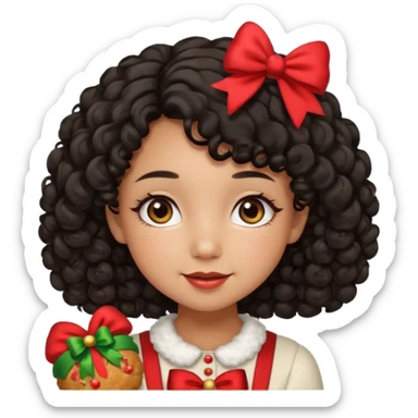 cute girl tan skin, curly black hair chin length, middle part, long eyelashes, cute cheeks, 5'2, outfit croquette style with bows and christmas theme, happy,  sticker