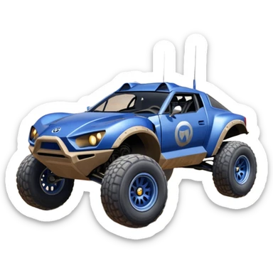Mandalorian evil darkly night blue Dirty and dented Local Motors Rally Fighter off road race car hot rod meets 2013 Toyota 86 trophy truck-style basher flying on a dusty road (silver wheels) sticker