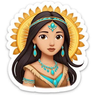 Cinematic Majestic Pocahontas Portrait Emoji, rendered in a clean, vector-style with bold shapes. Show Pocahontas with a serene, noble expression, radiant sun-kissed skin, and elegantly flowing dark hair, dressed in traditional garments with subtle turquoise accents. The design radiates a majestic, natural glow, high shine, and a soft glowing outline, capturing her regal beauty. sticker