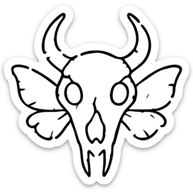 a highly deteriorated red line drawing of a creature head merging minotaur skull, stoat, frog, with moth wings, featuring severely broken and missing perimeter lines, major sections around the edges completely absent, extremely weathered and damaged with sparse broken red lines, hollow middle, like an ancient damaged artifact sticker