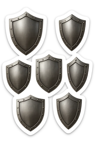 6 scudi che simboleggiano "difesa e protezione", realistici in 3d fluttuano in aria, iperrealistico 4k sticker