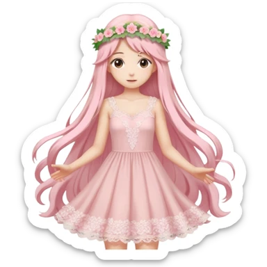 pastel anime woman with pink and white lace dress full body and long hair with flower crown sticker