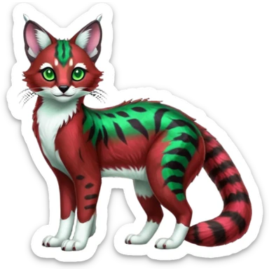 Colorful dark tropical sanguine-red, black, white fur, with green eyes, iridescent glorious divine exotic cute cool beautiful shiny beautiful fantasy-caracal-civet-genet-sergal-vernid-Cacomistle-oncilla-animal-Fakémon-hybrid-fursona with pattern markings (full body) sticker