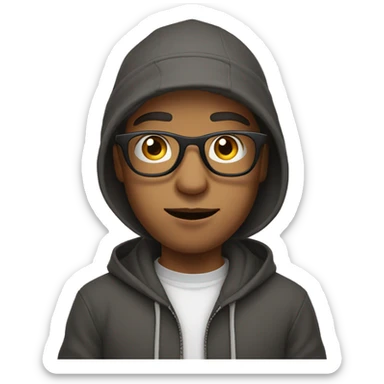 A young man with clear frame glasses and cap and hoodie with gang sign hand pose sticker
