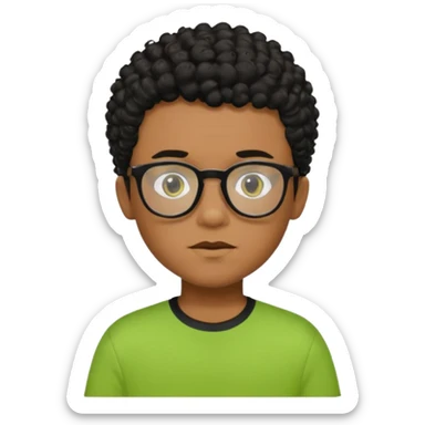 Menino pardo com cabelo curto cacheado preto raspado dos lados, de óculos preto e blusa verde e amarela sticker