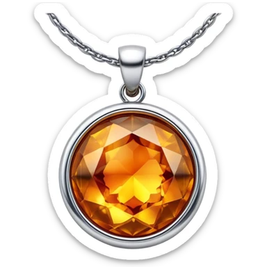 extreme close up of a round cut holographic amber charm with silver metal accent and twisted chain sticker