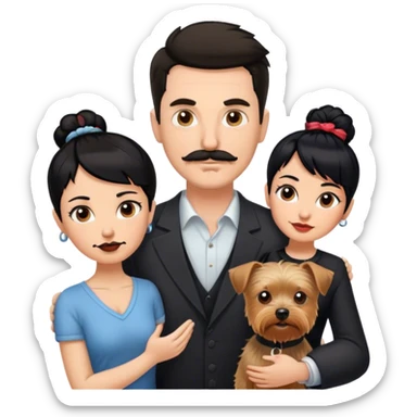 Tall white man with dark hair mustache goatee, and short woman with black hair bun, and a yorkshire terrier dog sticker