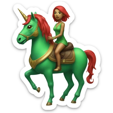 a green amazon alien woman, on a four-legged red unicorn sticker
