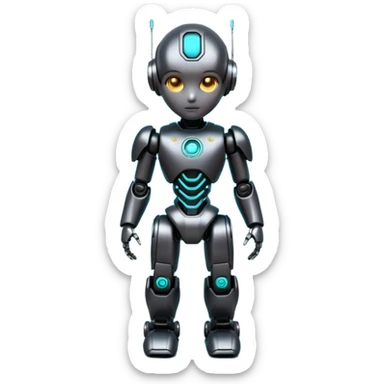 Cute futuristic chibi humanoid robot with large rounded head, glossy black and grey metal body, glowing cyan and amber eyes, visible joints, confident pose, white background, high-detail 3D render, add text on chest "LMX". sticker