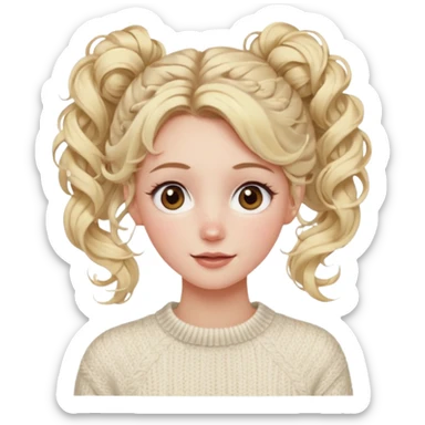 blonde hazel eyes woman with a white cable knit sweater and one curly messy bun with tendrils of hair flowing down her face and she is happy pale, some freckles, blush. she has a cateye wing and long lashes sticker
