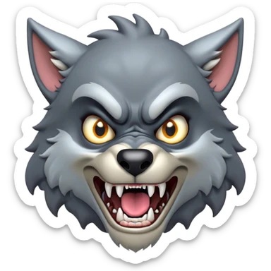 Cinematic Comical Werewolf Portrait Emoji, with a whimsically exaggerated lupine face in vivid moonlit grays and silvers, head cocked in a dramatically shocked expression with comically oversized, wide eyes and a playful snarl, simplified yet hilariously expressive, highly detailed with a soft cartoonish glowing outline capturing the mischievous humor of a werewolf mid-transformation! sticker
