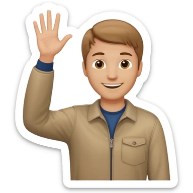 A white man in casual clothes, standing, waving his hand, with light brown hair sticker