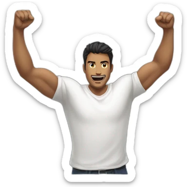 dark haired man in white t-shirt raising fists in victory sticker