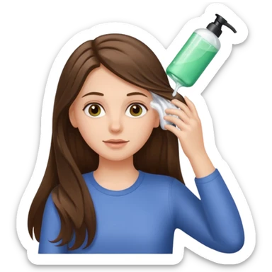 white long brunette hair girl with hazel eyes putting shampoo in sticker