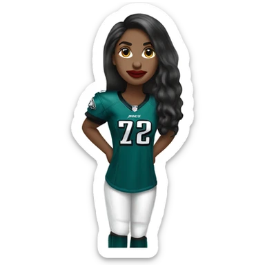 White female long dark hair red lips wearing Philadelphia Eagles jersey sticker