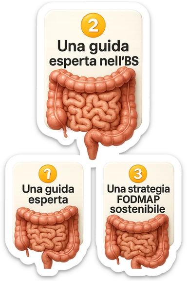 emoji stile iphone di 3 targhette numerate con intestino realistico davanti ad ogni targhetta, le targhette sono:
"1 – Un piano chiaro e strutturato
2 – Una guida esperta nell’IBS
3 – Una strategia FODMAP sostenibile"
, iperrealistico 4k sticker