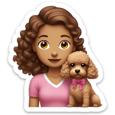 Girl with long brown curly hair white skin brown eyes with a bow in her hair wearing a pink shirt and jeans holding a small poodle that is brown  sticker