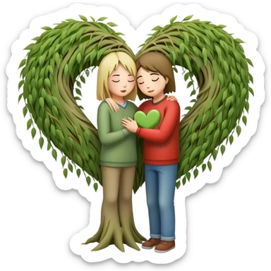 heart-shaped weeping willow tree with two people inside giving each other a supportive, caring hug, like close friends comforting each other, with a small heart above them sticker