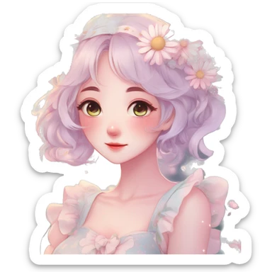 Gorgeous pastel anime style lady with blushing face and daisies cottagecore fairycore pastelcore colorful pearly romantic simplistic aesthetic trending style sticker