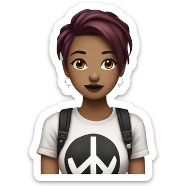 Beautiful girl with dark maroon hair and a septum piercing, hazel colors eyes, wearing an emo shirt, making a peace sign and winking sticker