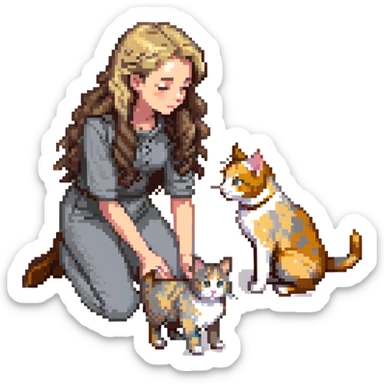 Remix: Beautiful girl with long curly brown hair, inspired by the reference, petting a gray and blonde mixed cat, pixel art style, girl kneeling, cat looking up sticker