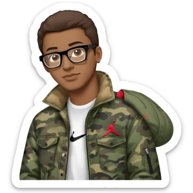 guy with glasses and brown hair and camo jacket and jeans and air jordan 3s sticker