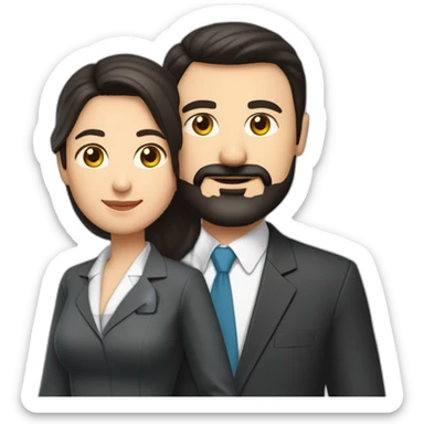 husband classic middle aged executive dark hair trimmed beard wearing business suit holding bible, with wife asian age 55 dark hair wearing nurse uniform sticker