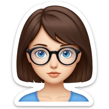 girl with medium-length brown hair, fair skin and blue eyes in black rounded glasses sticker