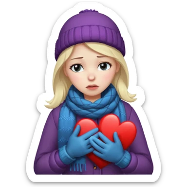 woman broken hearted, looking down sad, about to cry. holding her heart breaking, wearing a winter outfit sticker