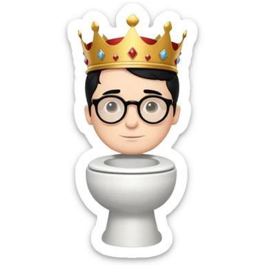 King Charles III with royal crown sitting on a toilet, wearing round glasses and black hair sticker