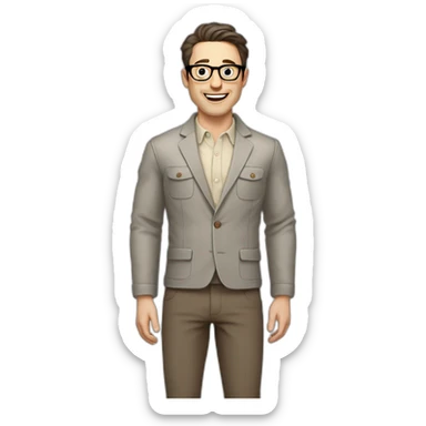 Joyful Full height Pale skinned Fit Man With dark brown hair in gray jacket, beige office shirt, Brown pants and vintage glasses. His thrumbs up sticker