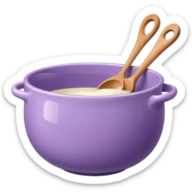 a lilac ceramic mixing bowl with a wooden spoon stirring sticker