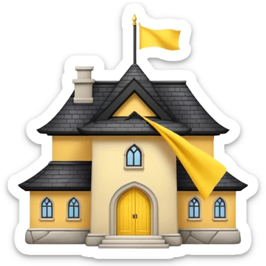 simple magic school, white background, magic school, black roof, with a big flag, big flag on a roof, big yellow flag, white school sticker
