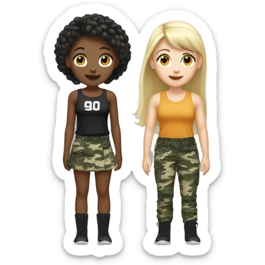 Blonde girl white with bangs and camo pants with brown girl with black hair in braid wearing skirt and tank top  sticker