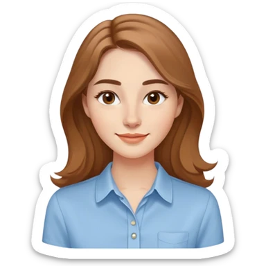 Young adult woman with oval delicate face, soft features, fine jawline, bright friendly smile, large expressive light brown almond eyes, medium arched eyebrows, proportional nose, defined lips, long light brown hair with gentle waves, wearing a casual feminine-cut light blue shirt sticker