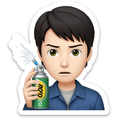 Gojo Satoru using a can of raid bug spray looking disgusted sticker
