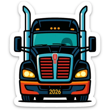 2026 Black Kenworth T680 Sleeper semi truck, front view, headlights on, tall chrome muffler stacks, vibrant cartoon style, no background sticker