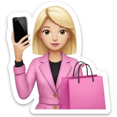 Blond influencer taking selfie with an iphone with one hand and a pink shopping bag next to her  sticker