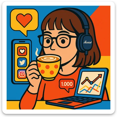 A girl with shoulder-length brown straight hair, wearing black-rimmed glasses, light skin, brown eyes, and black Marshall headphones, drinking a cappuccino. She is a social media manager, so include visual elements like a phone with social media apps or a laptop with analytics. sticker