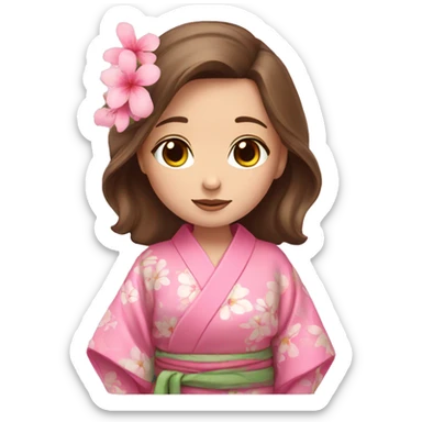 cute girl with blue eyes and brown hair in pink flower kimono sticker